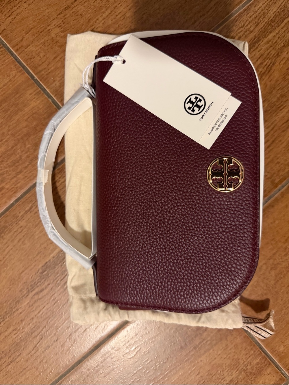Tory Burch Burgundy Pebbled Leather Crossbody Bag Gold Logo